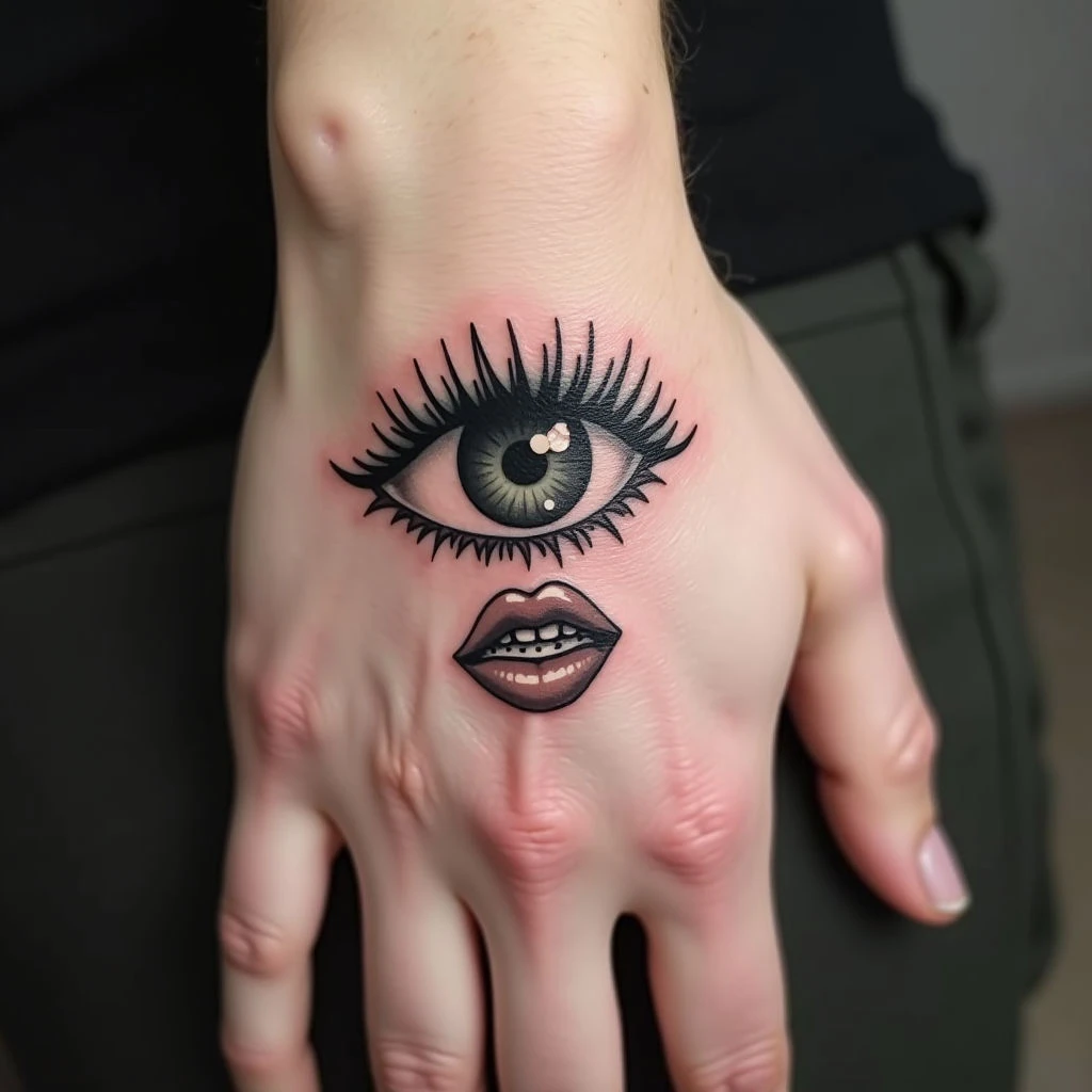 Surreal Eye and Mouth Hand Tattoo Design
