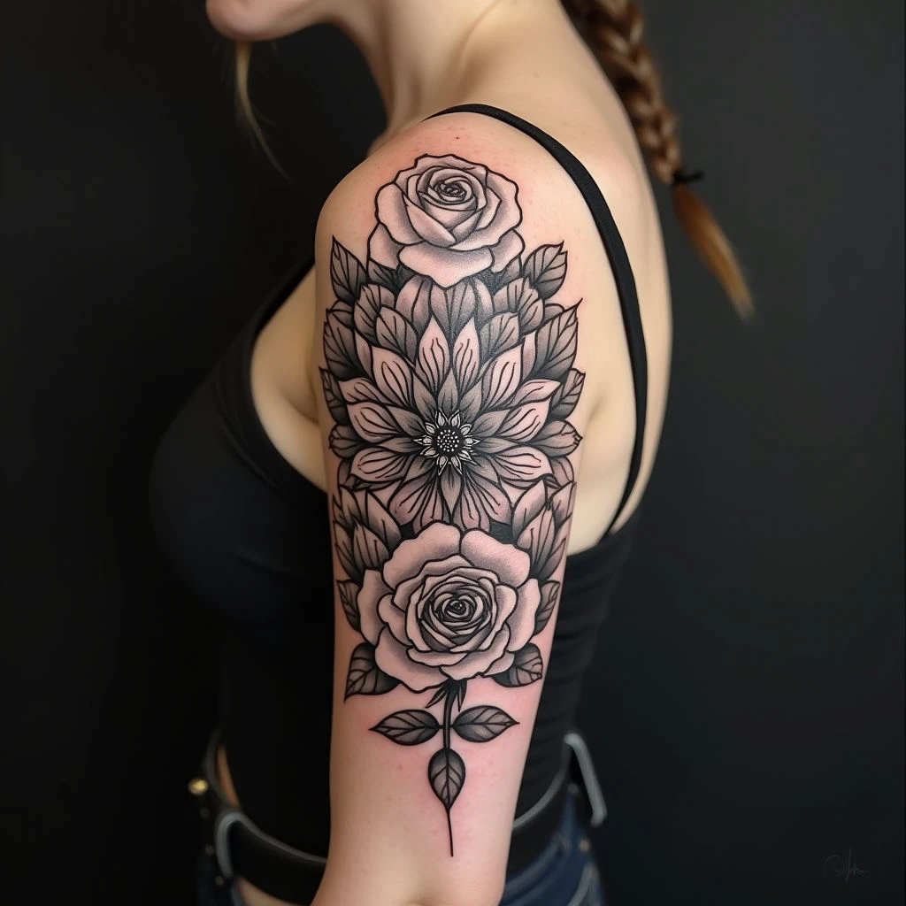Intricate Floral Mandala Tattoo on Upper Arm