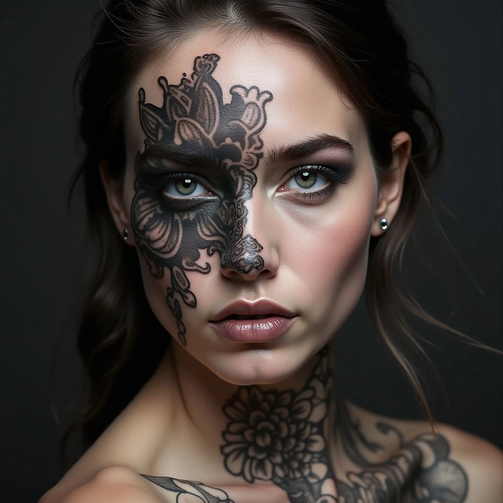 Intricate Face Tattoo Design: A Study in Blackwork Illustration