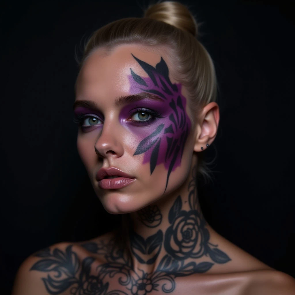 Face Tattoo Cover-Up: Black & Grey with Purple Accents