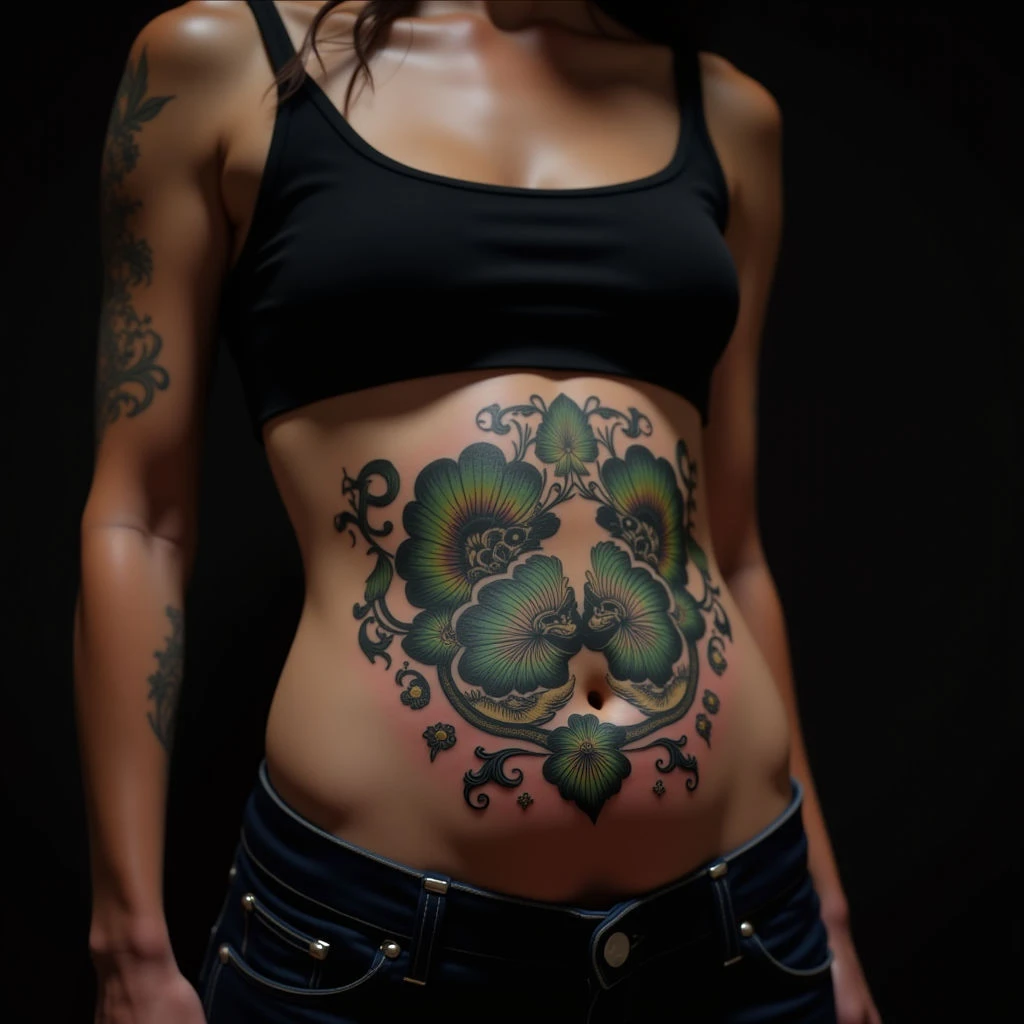 Majestic Green Oriental Dragon & Daughter Portrait Tattoo - XXL Stomach Piece