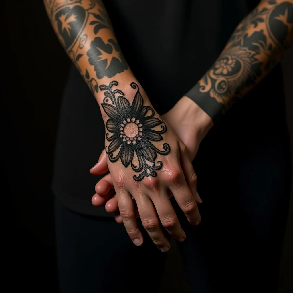 Sister Tattoos: Delicate Blackwork Hand Designs in Bronze Hues