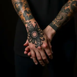 Sister Tattoos: Delicate Blackwork Hand Designs in Bronze Hues
