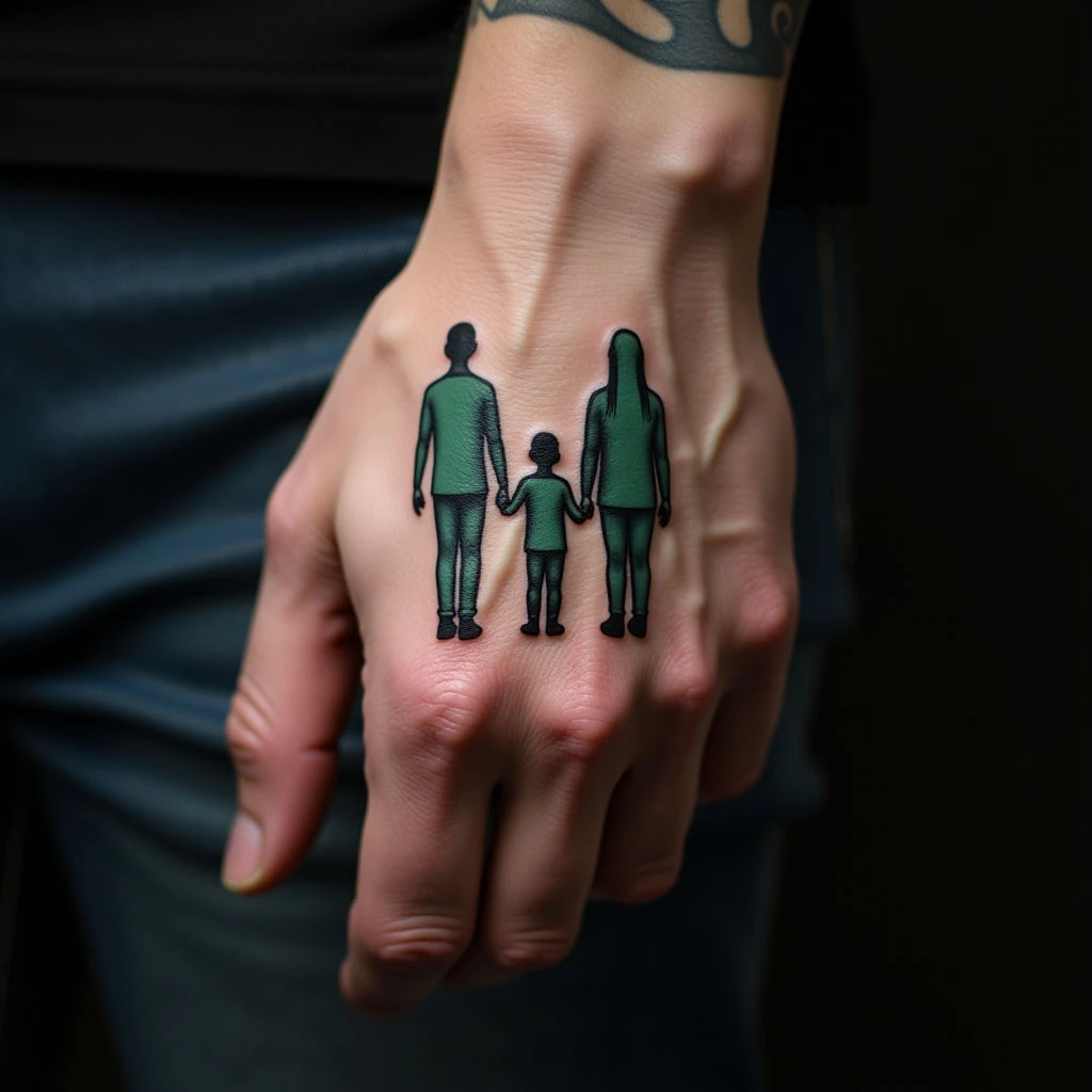 Three Kids Represented: Delicate Micro-Realism Hand Tattoo in Green