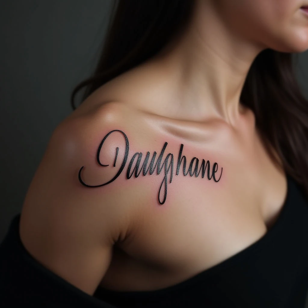 Delicate Daughter Name Tattoos for Dad – Linework Shoulder Designs