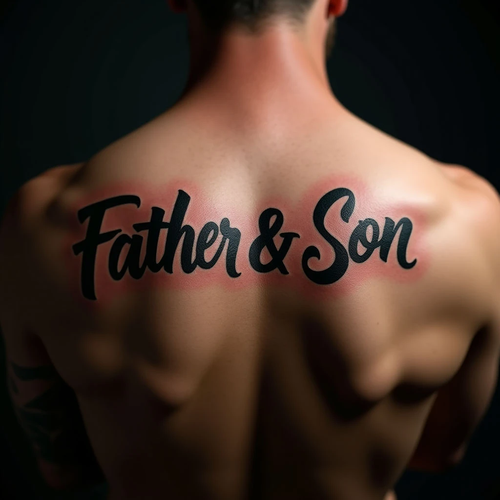 Powerful Father & Son Back Tattoos with Lettering