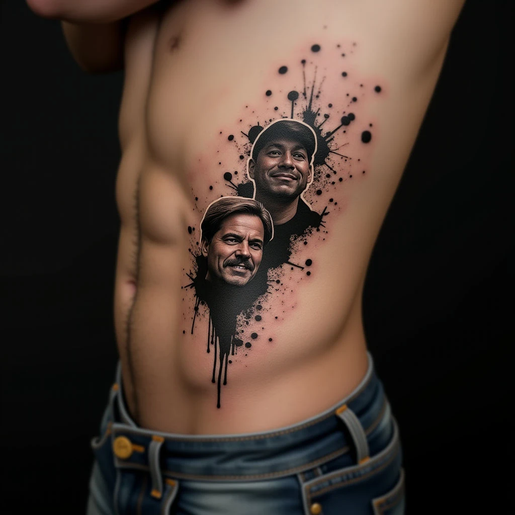 Striking Father & Son Ribcage Tattoos in White Trash Polka Style