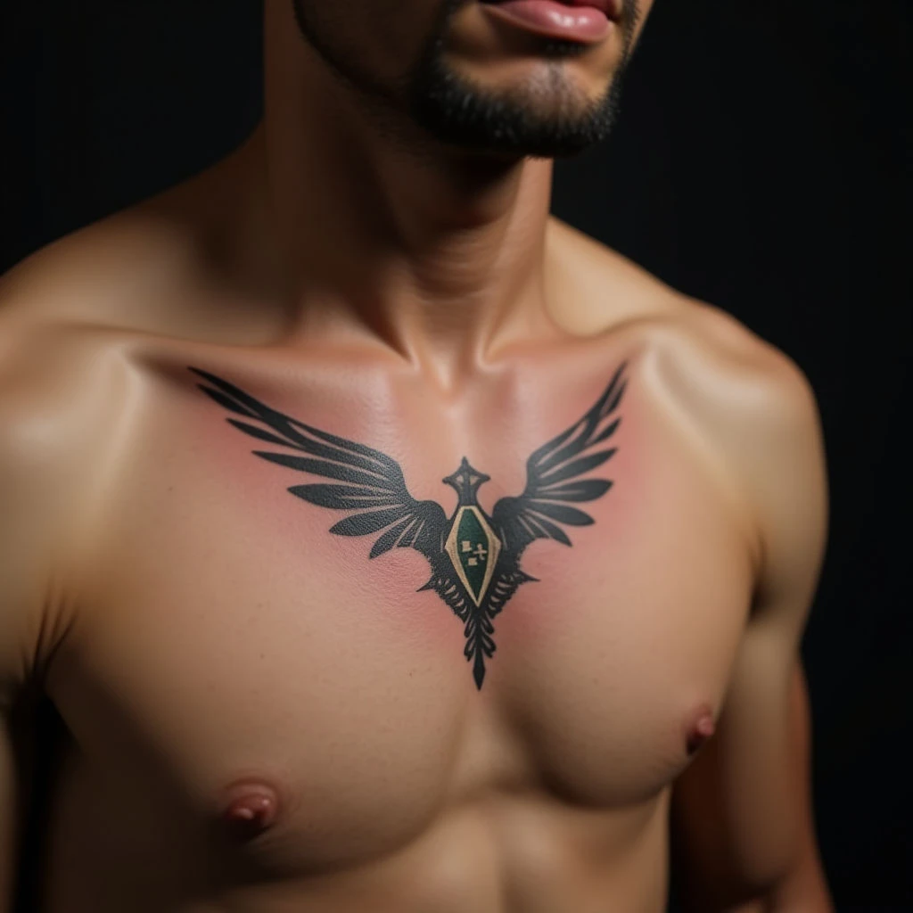 Brotherly Bond Tattoos: Green & Black Calligraphy on the Collarbone