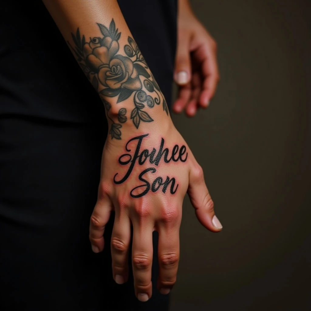 Baby Name Tattoos for Dad: Trash Polka Hand Designs
