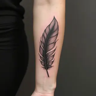 Elegant Feather Tattoo on Forearm - Blackwork Design