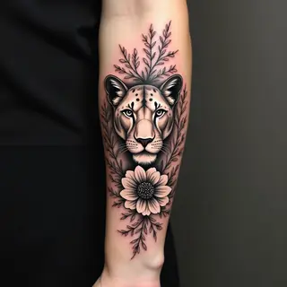 Majestic Lioness and Floral Fusion Tattoo Design