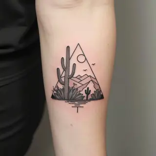 Minimalist Cactus Landscape Fine Line Tattoo