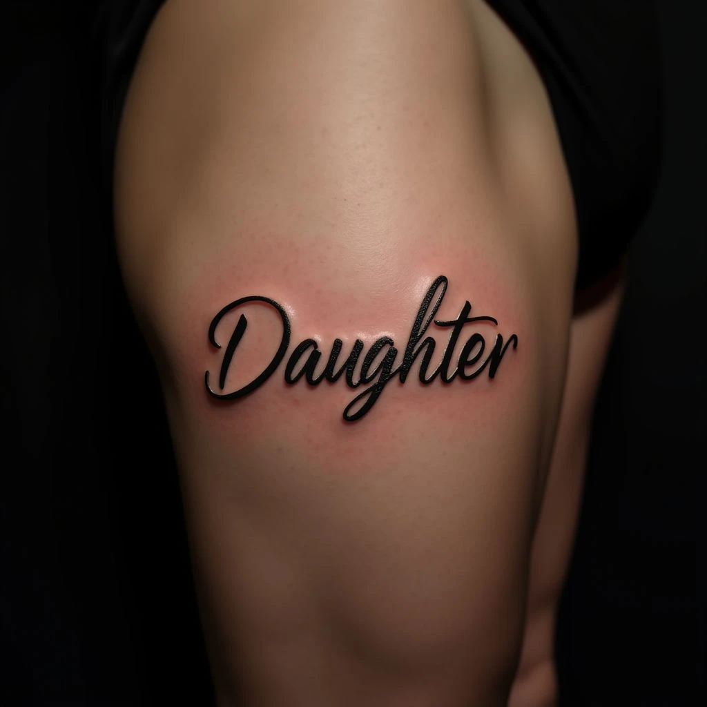 Elegant Child Name Tattoos for Men: Fine Line Thigh Designs