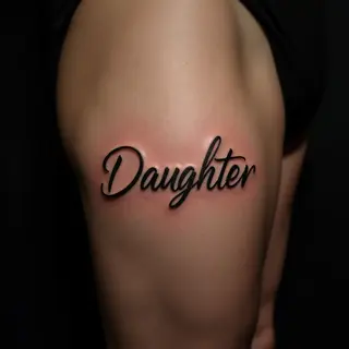 Elegant Child Name Tattoos for Men: Fine Line Thigh Designs