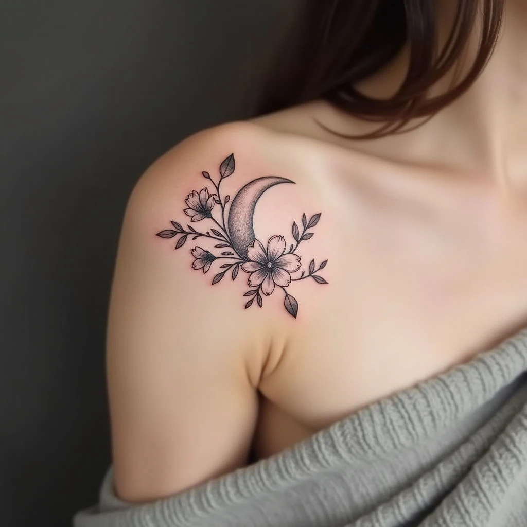 Delicate Floral Shoulder Tattoo with Crescent Moon