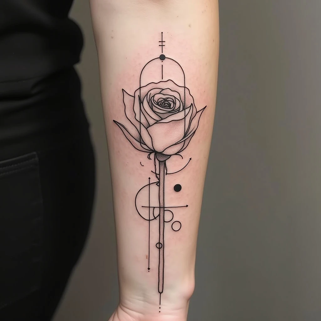 Geometric Rose and Hand Fine Line Tattoo