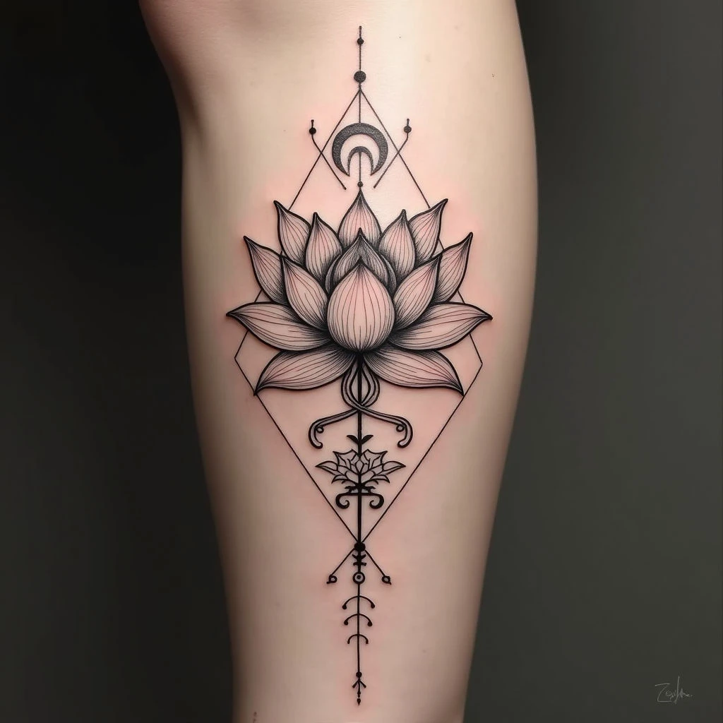 Delicate Lotus Fine Line Tattoo on Calf