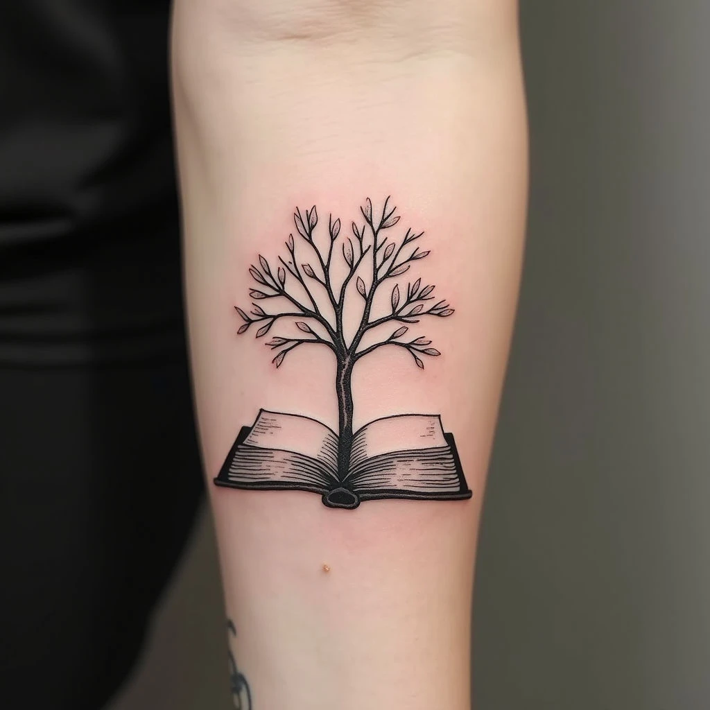 Delicate Book and Tree Fine Line Tattoo