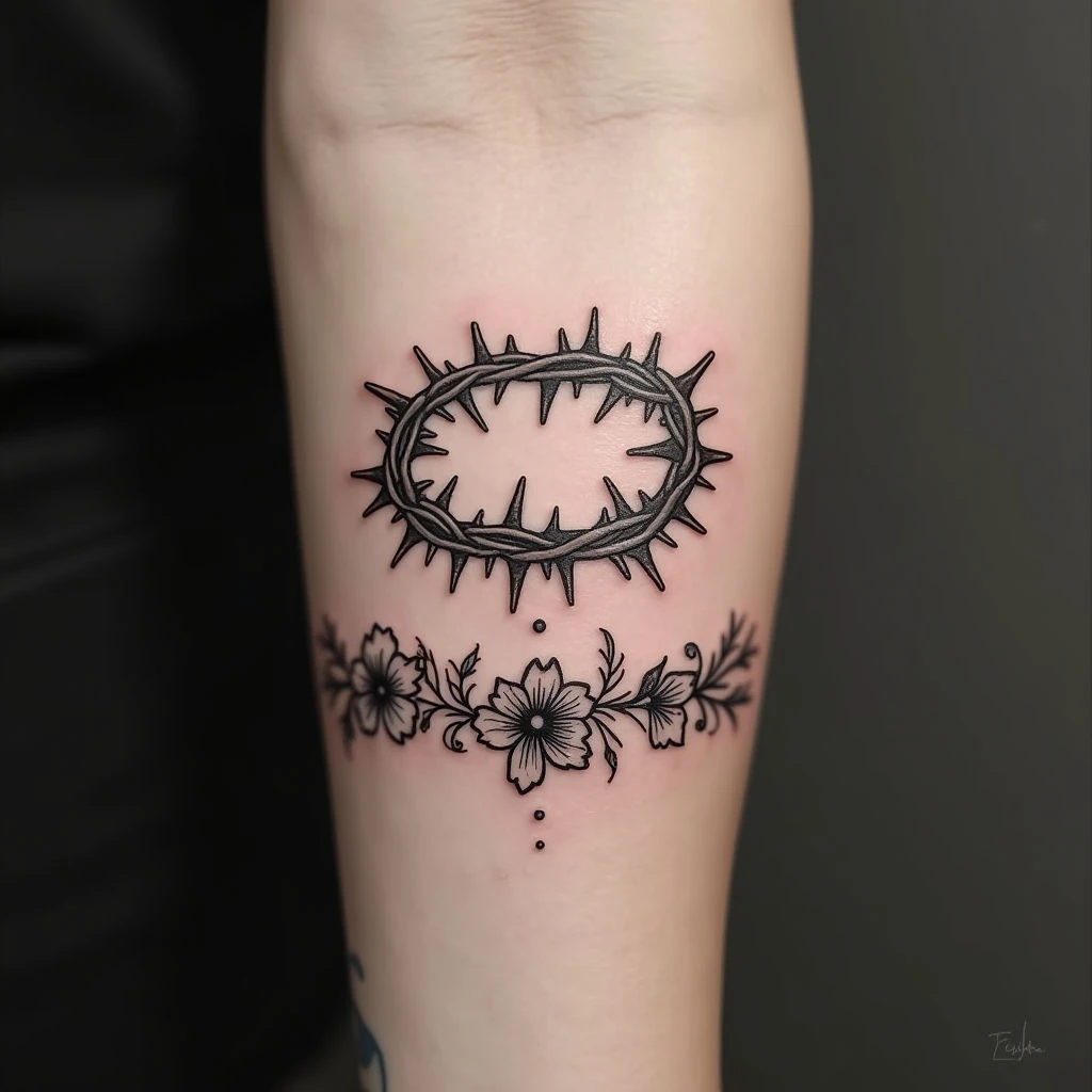 Fine Line Crown of Thorns Tattoo with Floral Accents