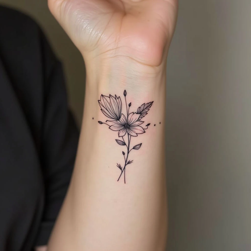 Delicate Floral Fine Line Tattoo on Wrist