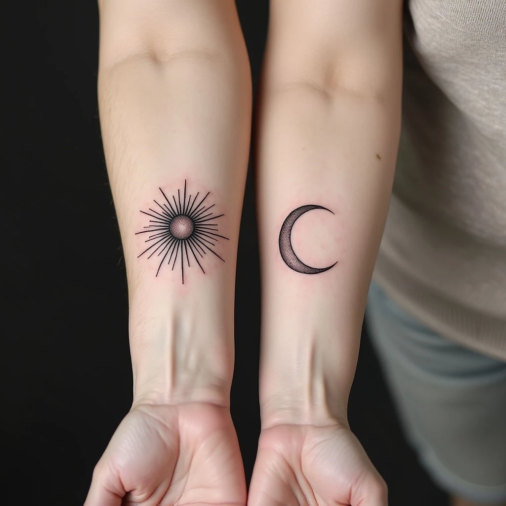 Healed Fine Line Sun and Moon Tattoos on Forearm