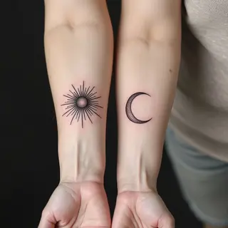 Healed Fine Line Sun and Moon Tattoos on Forearm