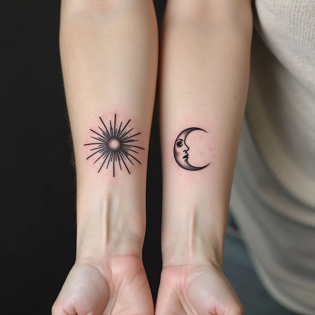 Healed Fine Line Sun and Moon Tattoos on Forearms