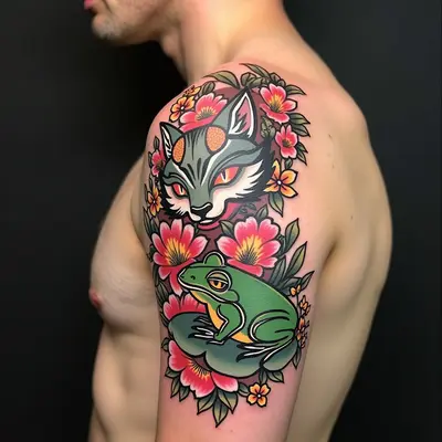 Japanese Fox and Frog Flash Tattoo Design