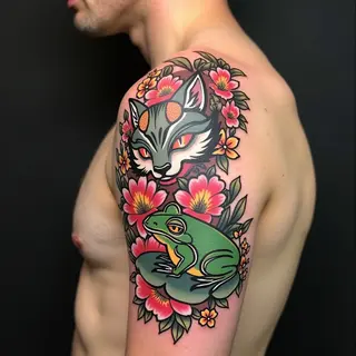Japanese Fox and Frog Flash Tattoo Design
