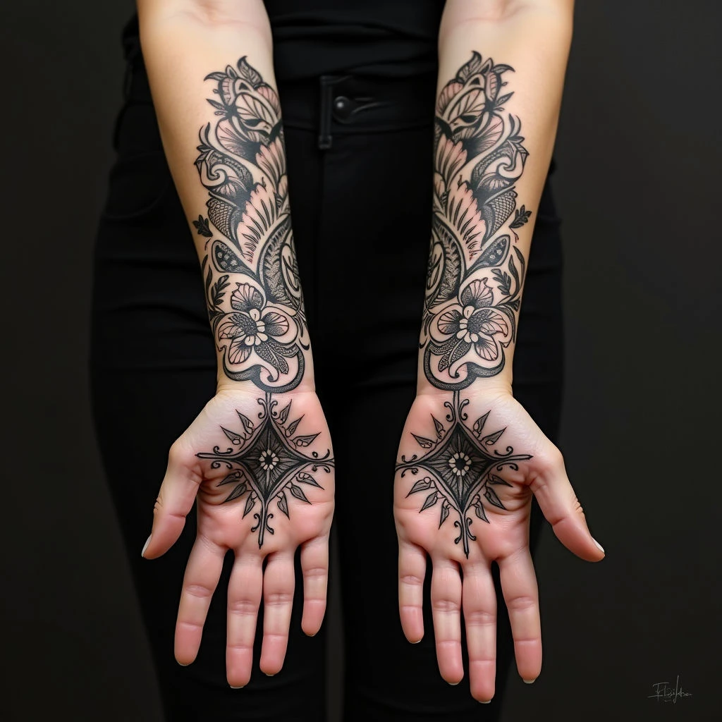 Intricate Floral and Geometric Hand Tattoo