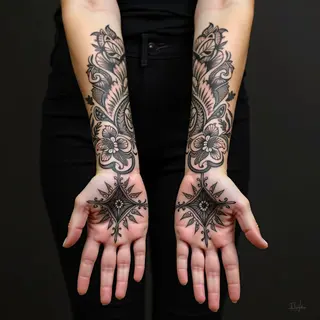 Intricate Floral and Geometric Hand Tattoo