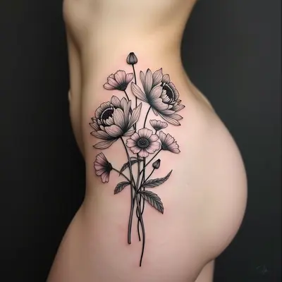 Botanical Hip Tattoo: Floral Realism Design