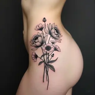 Botanical Hip Tattoo: Floral Realism Design