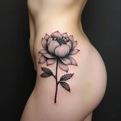 Detailed Blackwork Peony Tattoo on Hip