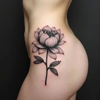 Detailed Blackwork Peony Tattoo on Hip