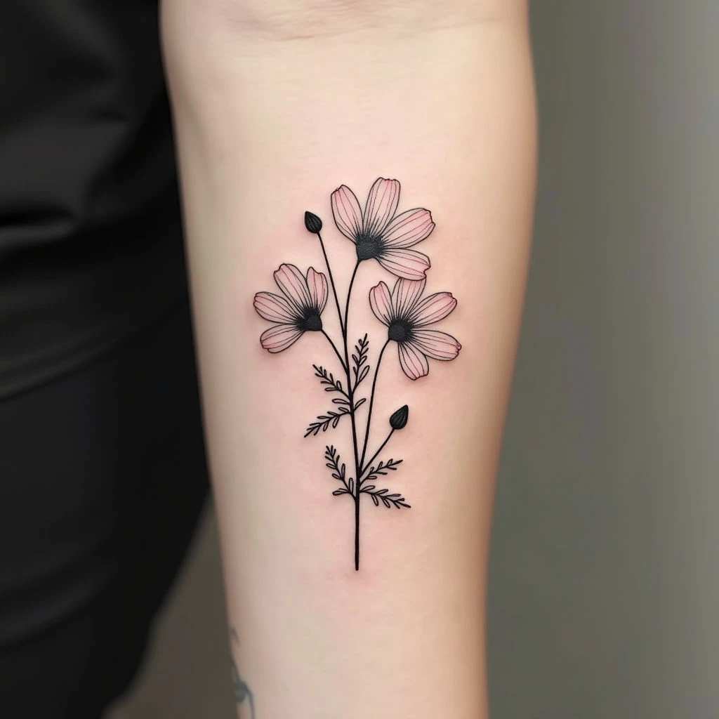 Delicate Floral Linework Tattoo on Forearm