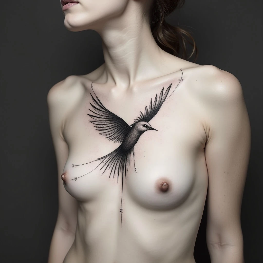 Sketch-Style Bird Tattoo on Chest