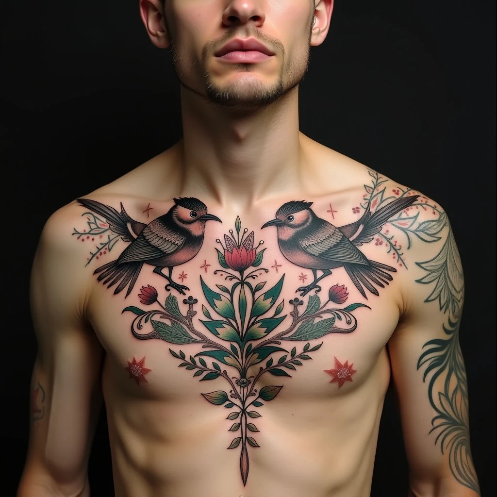 Neo-Traditional Chest Tattoo Design for Men