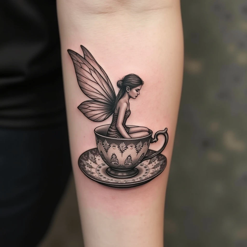 Enchanting Fairy in a Teacup Forearm Tattoo