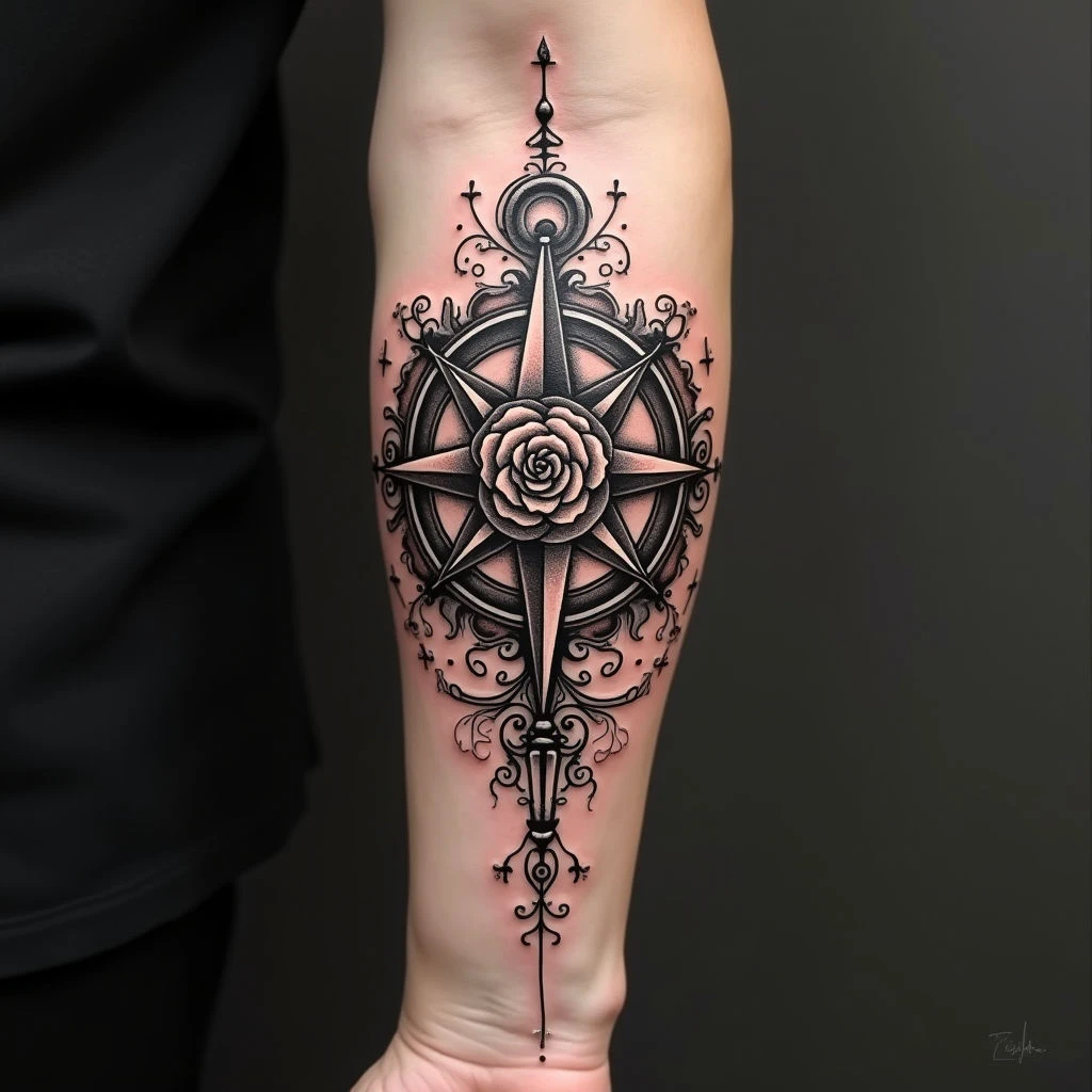 Intricate Compass Forearm Tattoo Design Inspiration