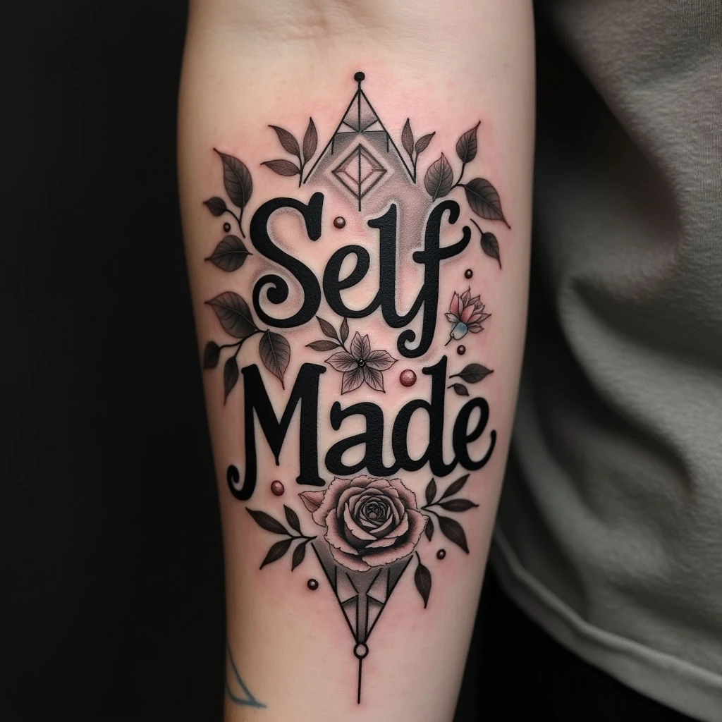 Self-Made Forearm Tattoo: A Study in Realism and Typography