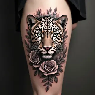 Leopard and Floral Thigh Tattoo Design