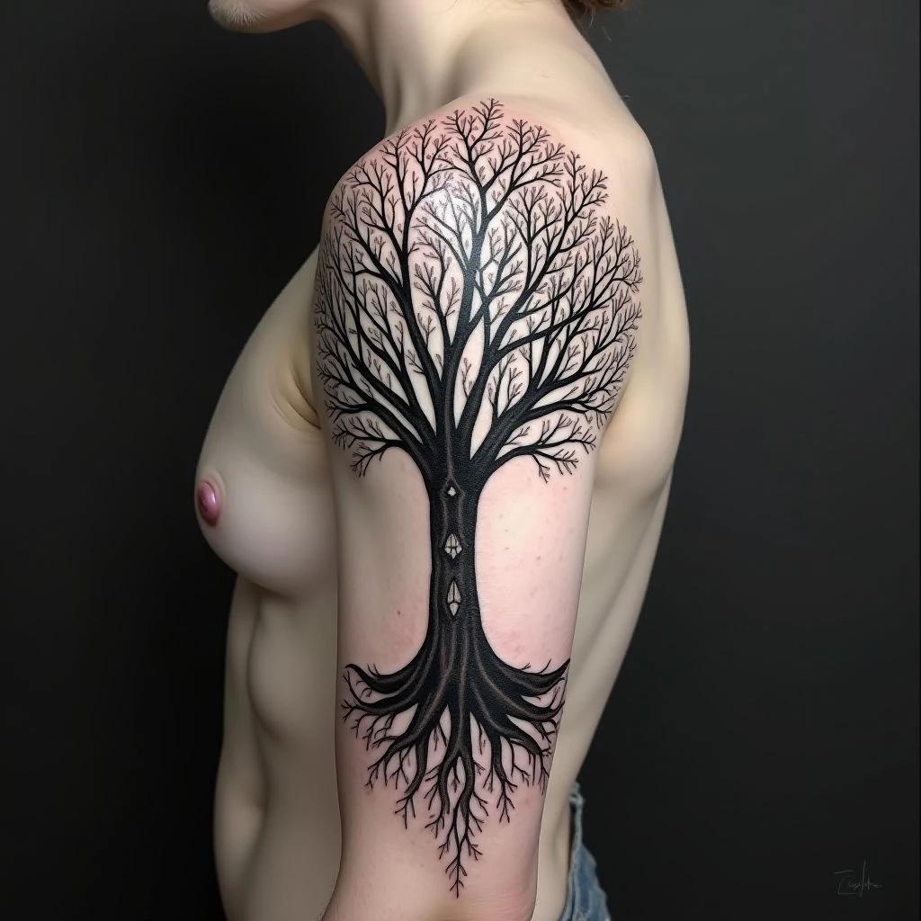 Detailed Forest Tree Shoulder Tattoo Design