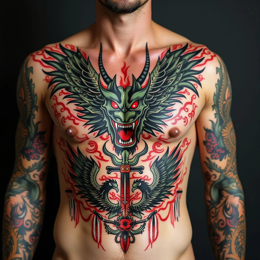 Intricate Full Chest Traditional Tattoo Design