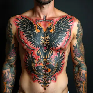 Full Chest Traditional Tattoo: A Fiery Bestiary