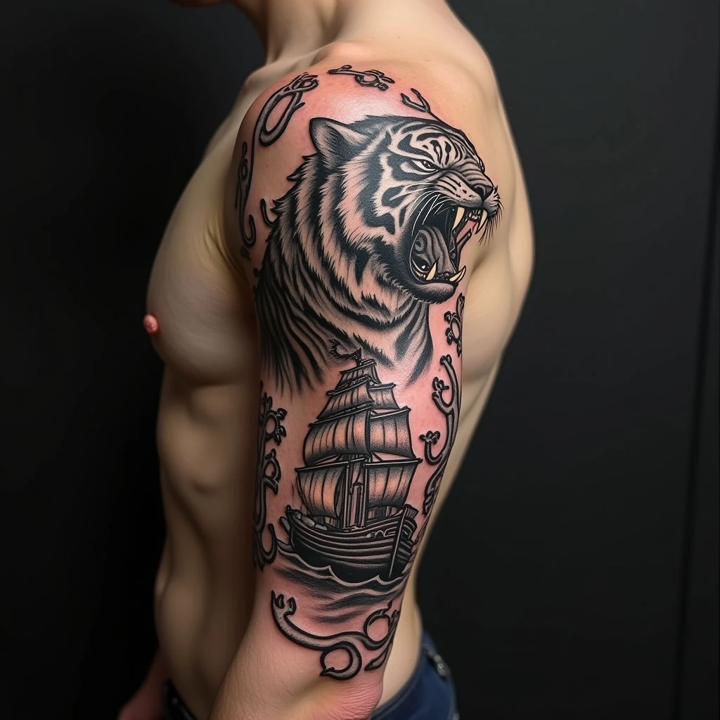 American Traditional Full Sleeve: Tiger, Ship & Anchors