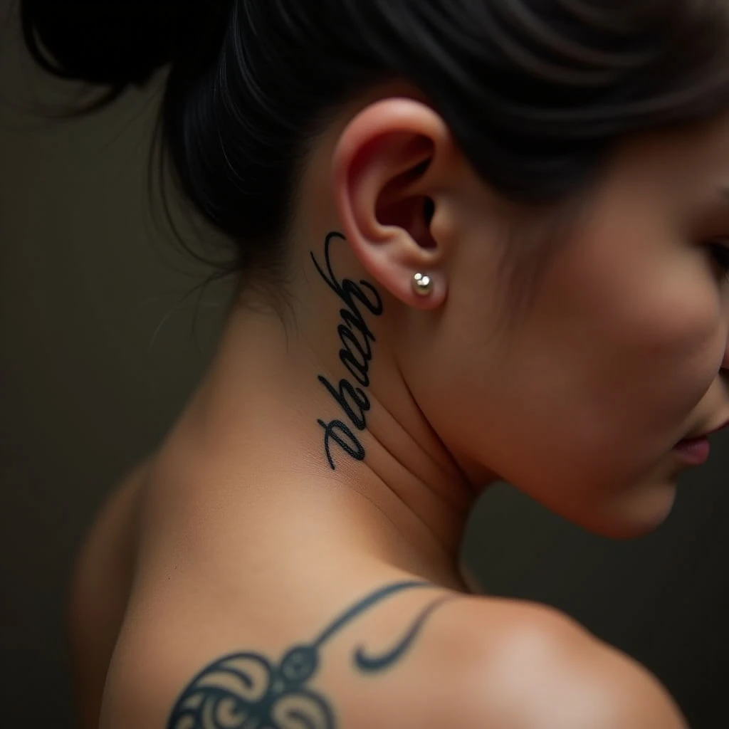 Tiny Bronze Abstract Baby Name Tattoos Behind Ear