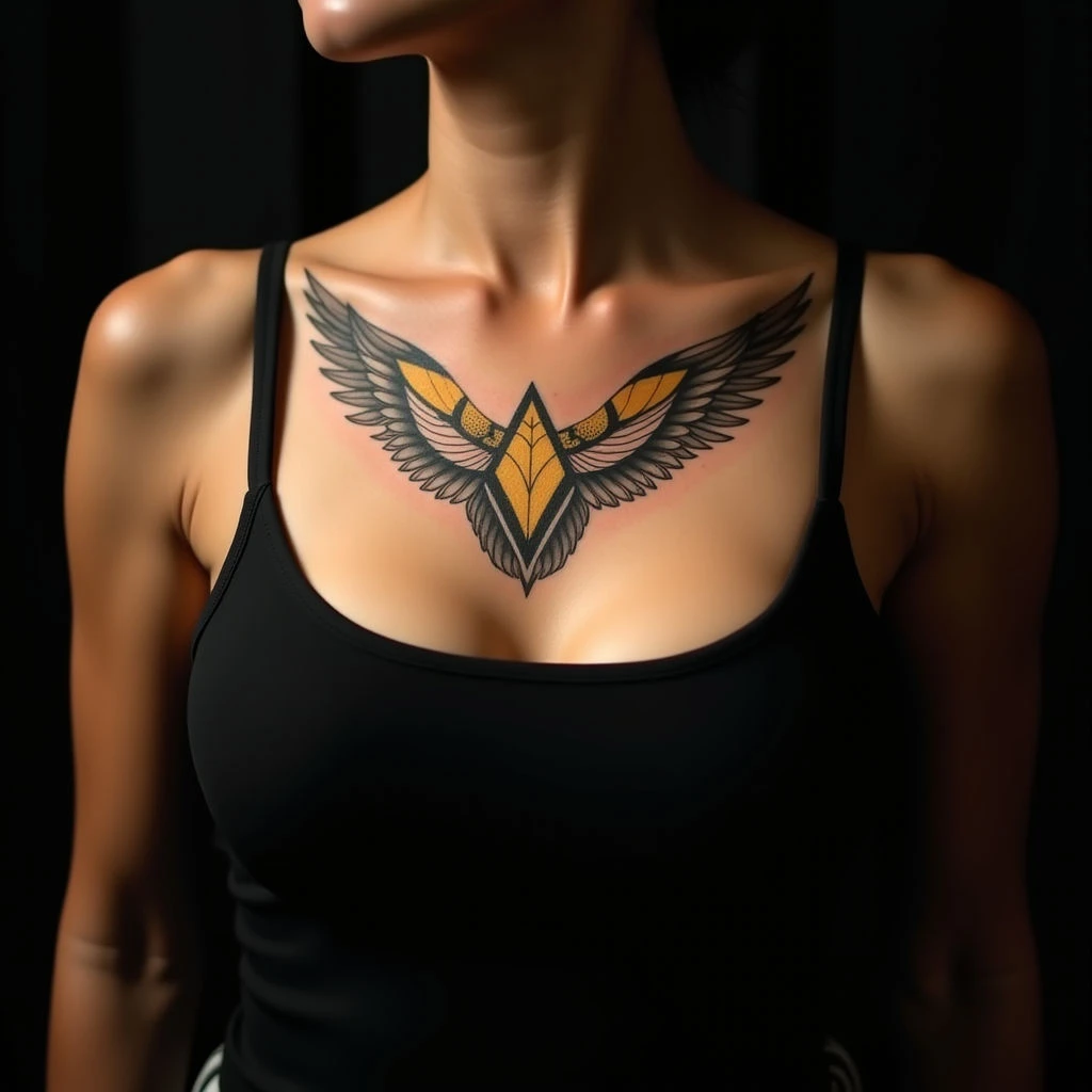 Bold Geometric Chest Tattoos in Yellow for Ladies
