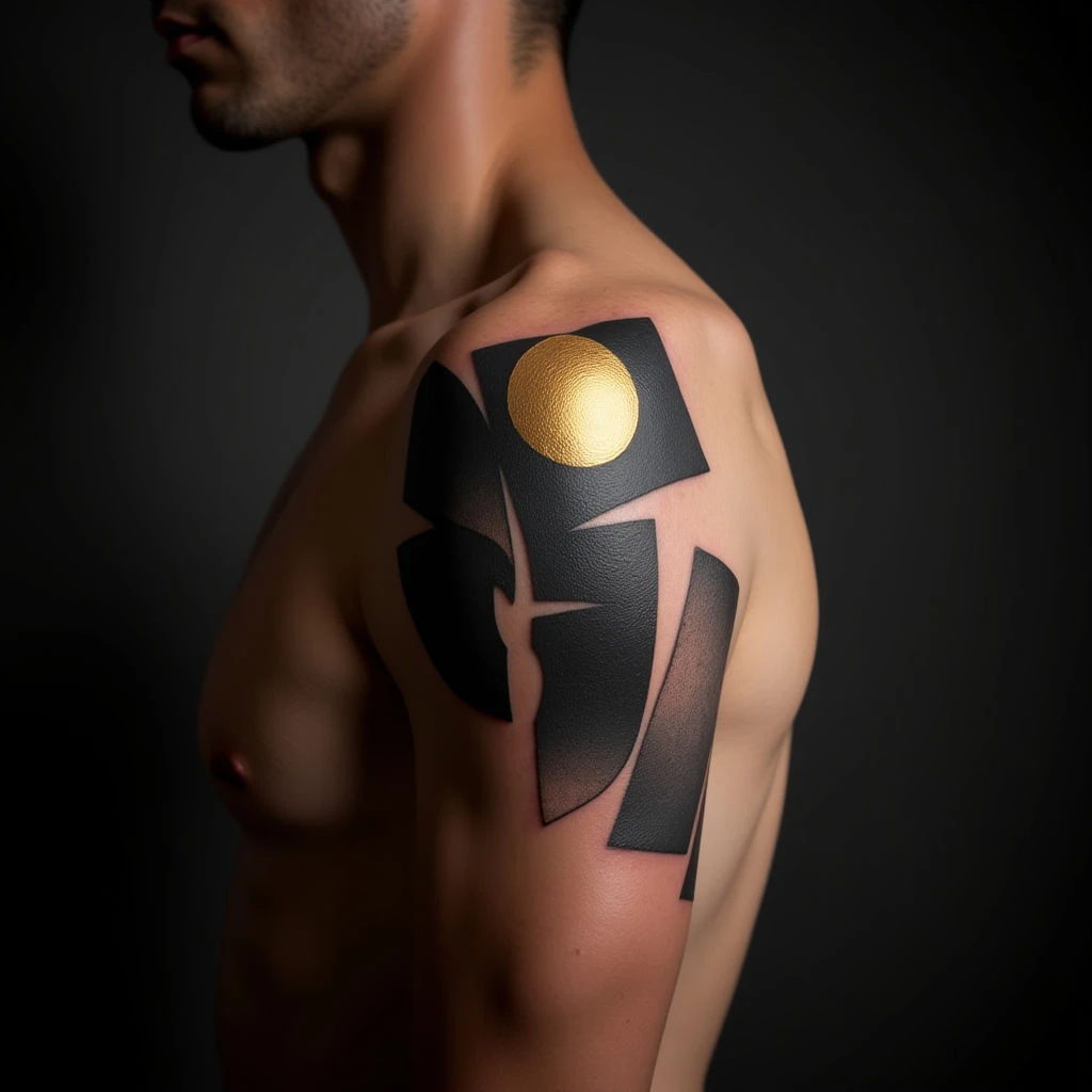 Geometric Abstract Shoulder Tattoos in Black & Gold