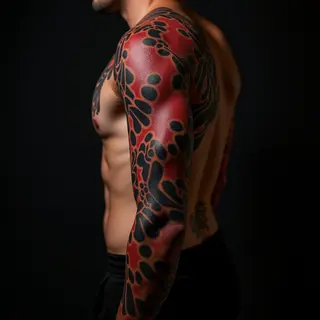 Bold Geometric Back Tattoos for Men in Black, Red & Gold Dotwork